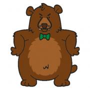 angry brown bear standing with green bowtie
